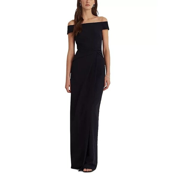 Lauren Ralph Lauren Designer Women's Crepe Off-the-Shoulder Gown Black Size 6 - Picture 1 of 8